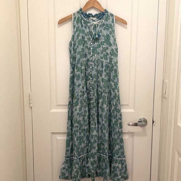 Poupette St. Barth Girls Clara Sleeveless Maxi Dress in Blue/Green Print. - Picture 2 of 9
